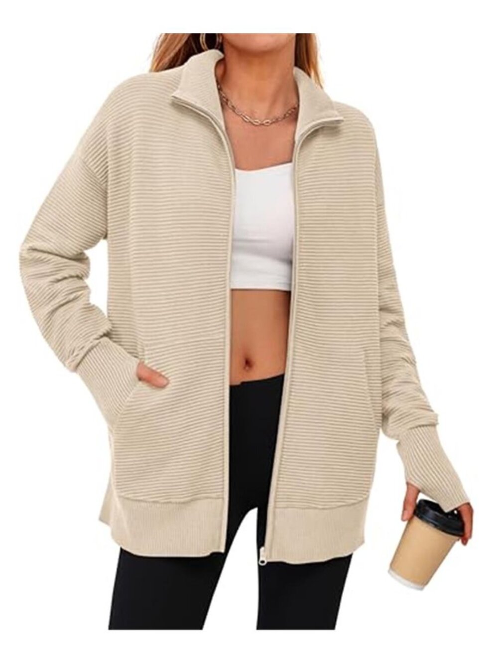 Women's Spring Long Sleeve Zip Up Cardigan Sweater - Picture 5 of 7